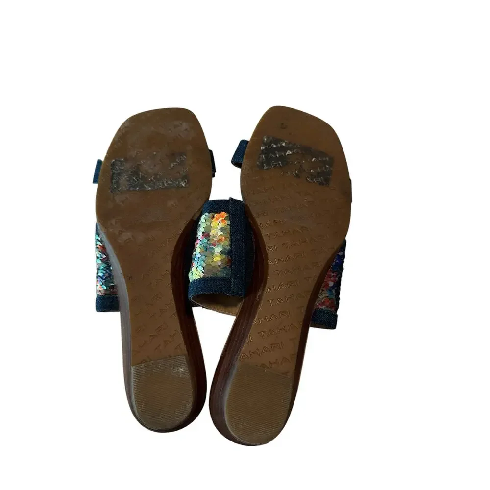 Tahari Fern Sandals Size 8 Metallic Scale Slide Flat Sandals Boho Resort